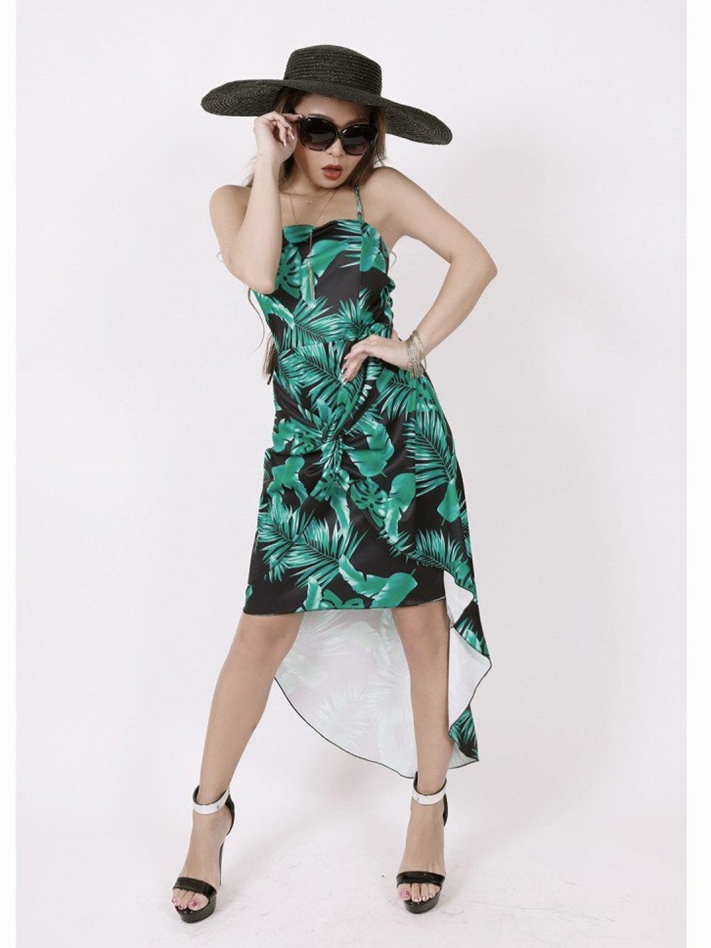 Tropical Palm Leaf High Low Maxi Dress Green Black Tie Front Size M